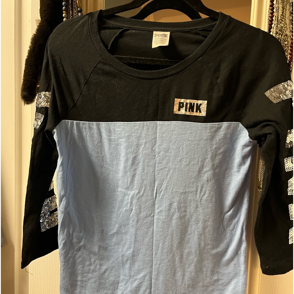 PINK color block sequined 3/4 sleeved tee shirt